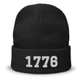 1776 embroidered cuffed beanie in black, white 1776 embroidery on the cuff