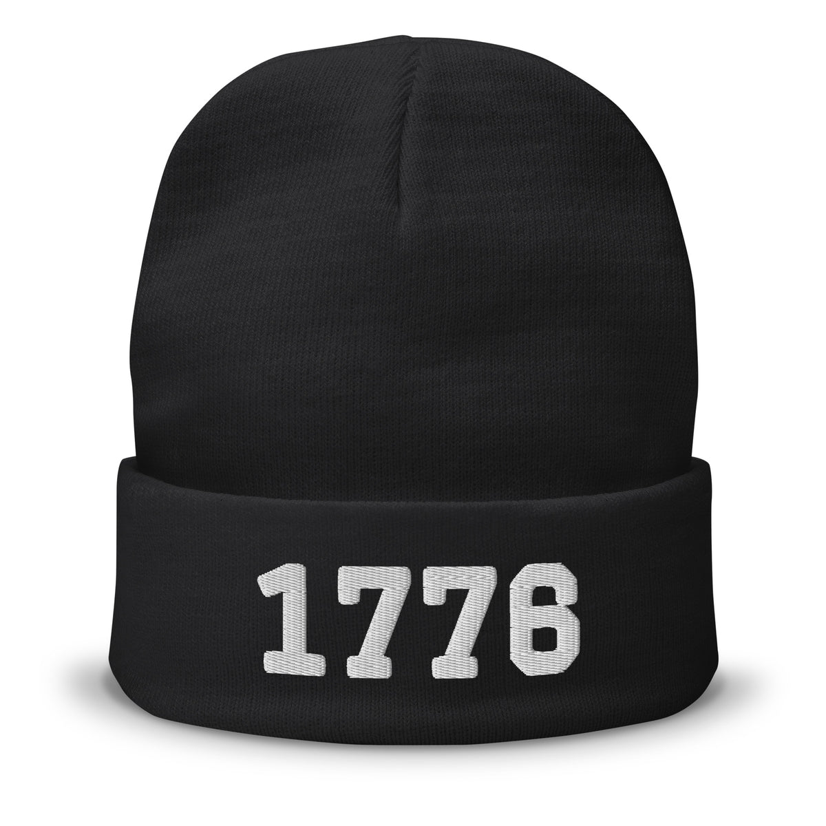 1776 embroidered cuffed beanie in black, white 1776 embroidery on the cuff