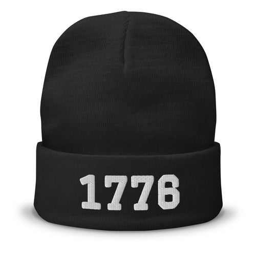 1776 embroidered cuffed beanie in black, white 1776 embroidery on the cuff