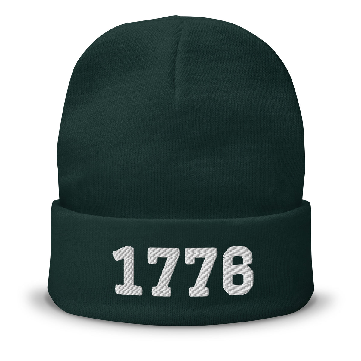 1776 embroidered cuffed beanie in dark green, white 1776 embroidery on the cuff