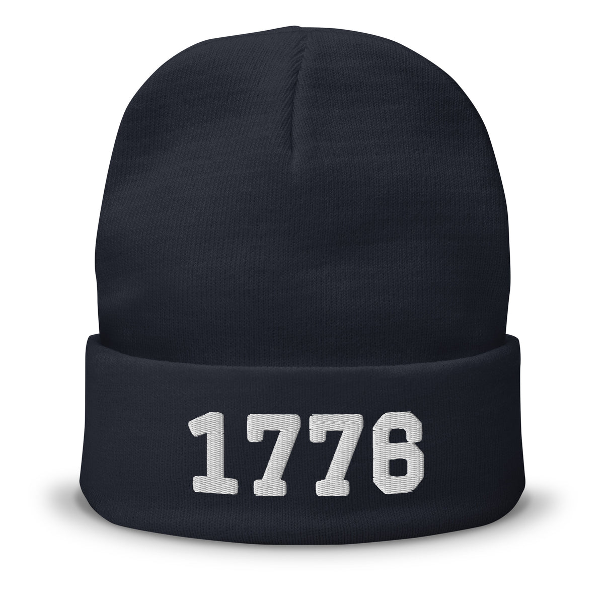1776 embroidered cuffed beanie in navy, white 1776 embroidery on the cuff