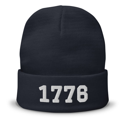 1776 embroidered cuffed beanie in navy, white 1776 embroidery on the cuff