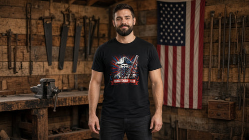 Man in a black 1776 Masked Minuteman T-Shirt in a rustic workshop with hand tools and an American flag on the wall