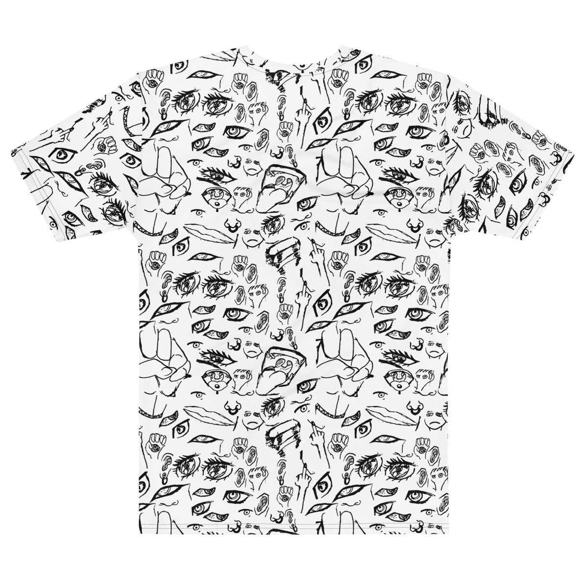 Doodle tee in Black on White, flat back view showing the all-over sketchbook doodle print