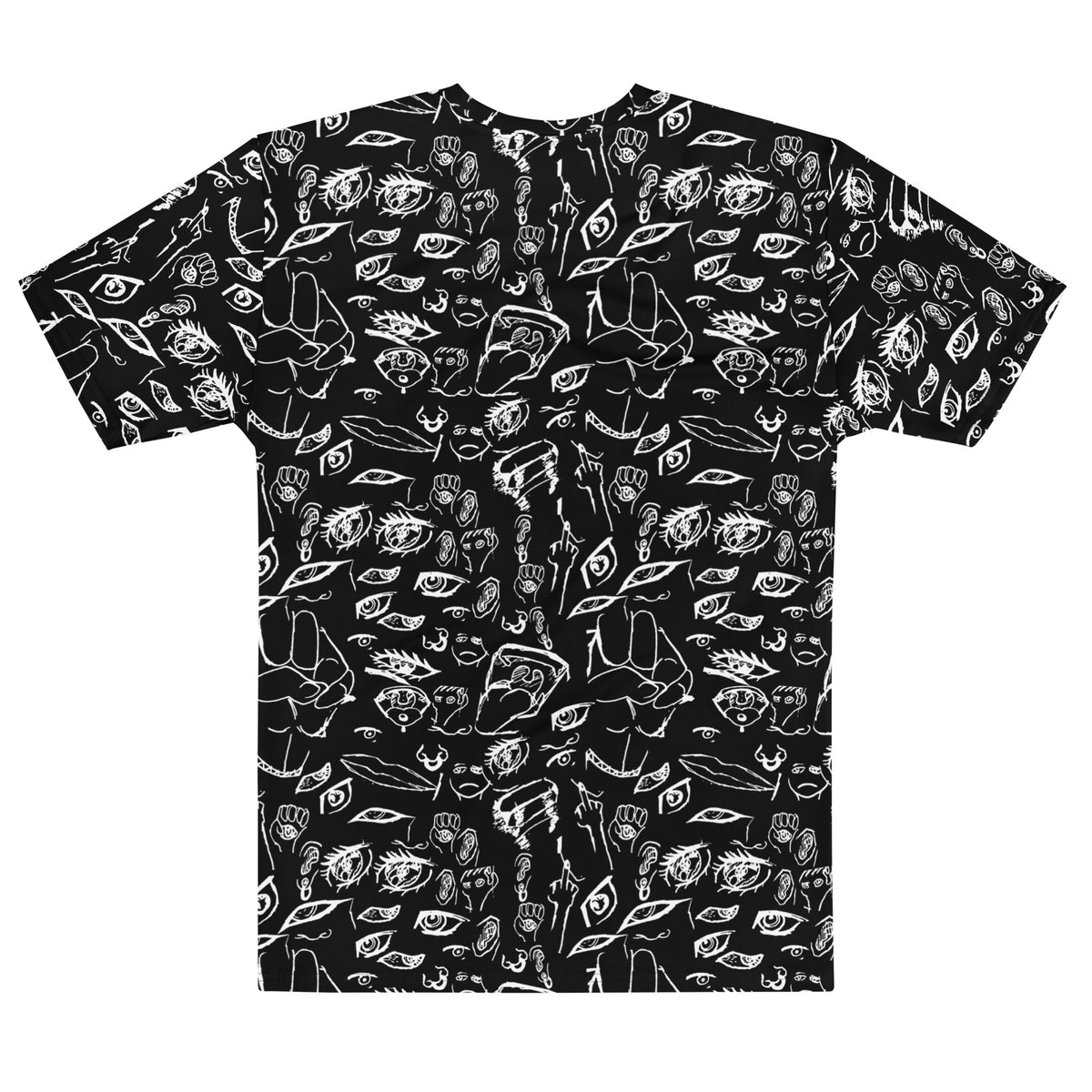 Doodle tee in White on Black, flat back view showing the all-over sketchbook doodle print