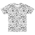 Doodle tee in Black on White, flat front view: all-over hand-drawn doodles of eyes, hands and faces in black ink on white