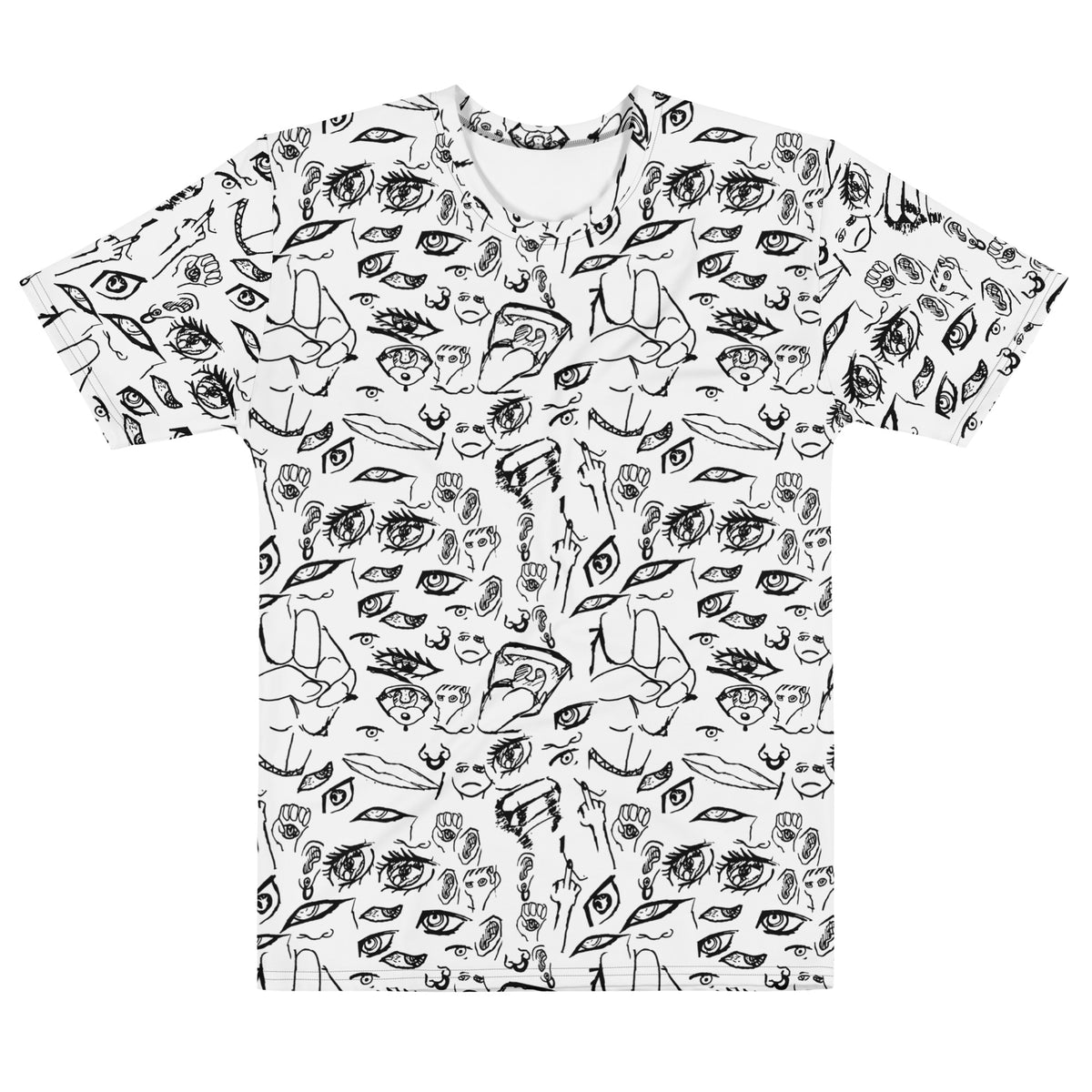 Doodle tee in Black on White, flat front view: all-over hand-drawn doodles of eyes, hands and faces in black ink on white