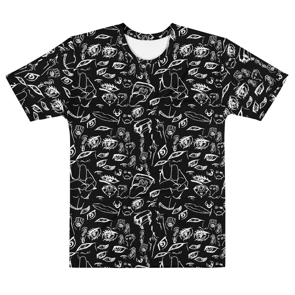 Doodle tee in White on Black, flat front view: all-over hand-drawn doodles of eyes, hands and faces in white ink on black