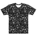 Doodle tee in White on Black, flat front view: all-over hand-drawn doodles of eyes, hands and faces in white ink on black