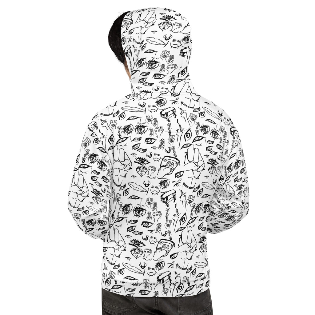 Model wearing the Doodle hoodie in Black on White, back view