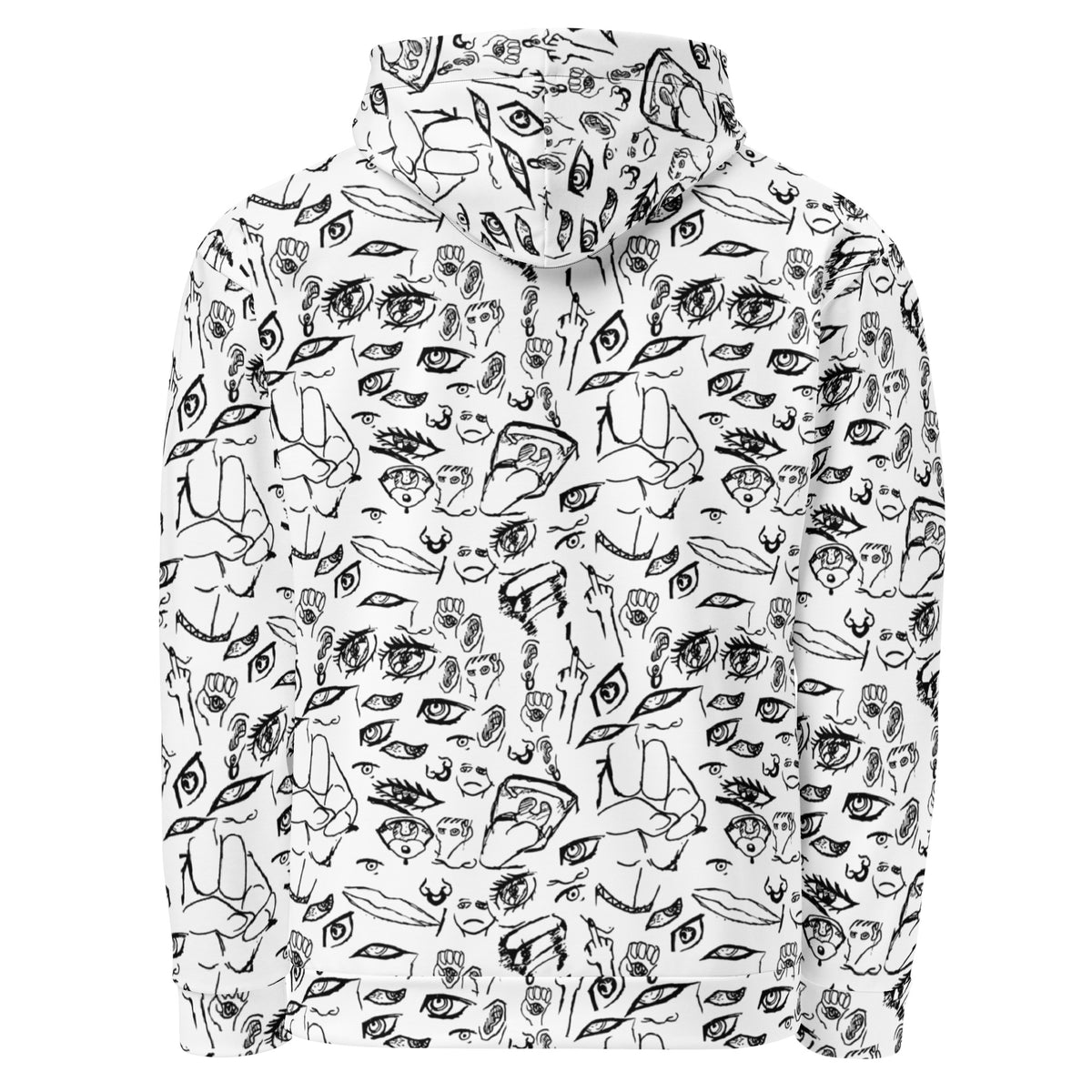 Doodle hoodie in Black on White, flat back view showing the all-over sketchbook doodle print