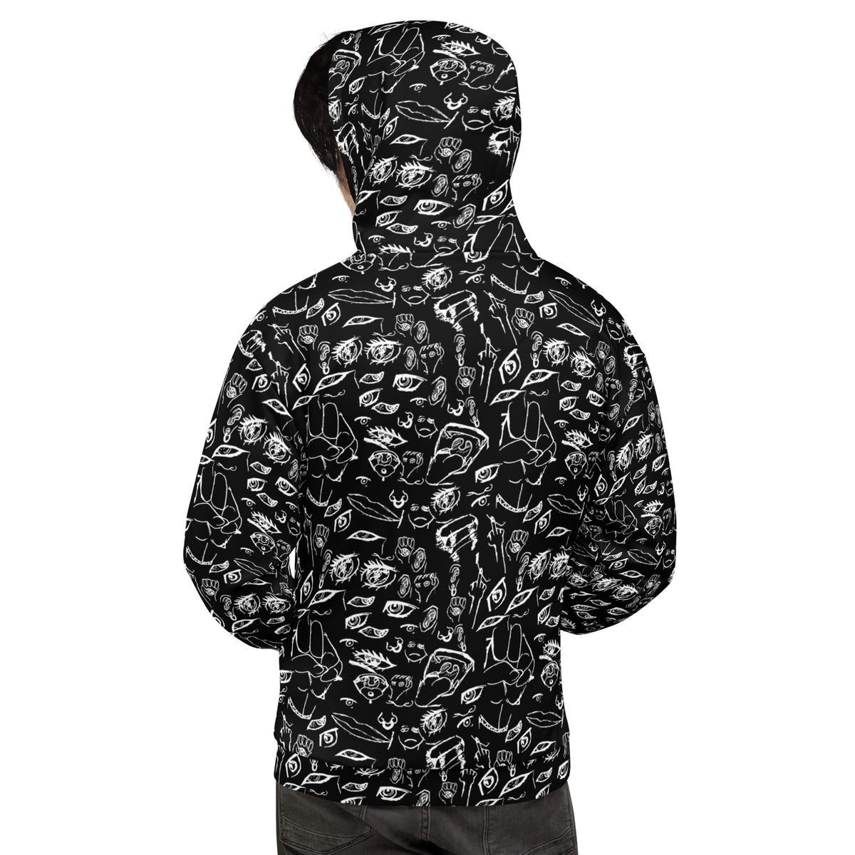 Model wearing the Doodle hoodie in White on Black, back view