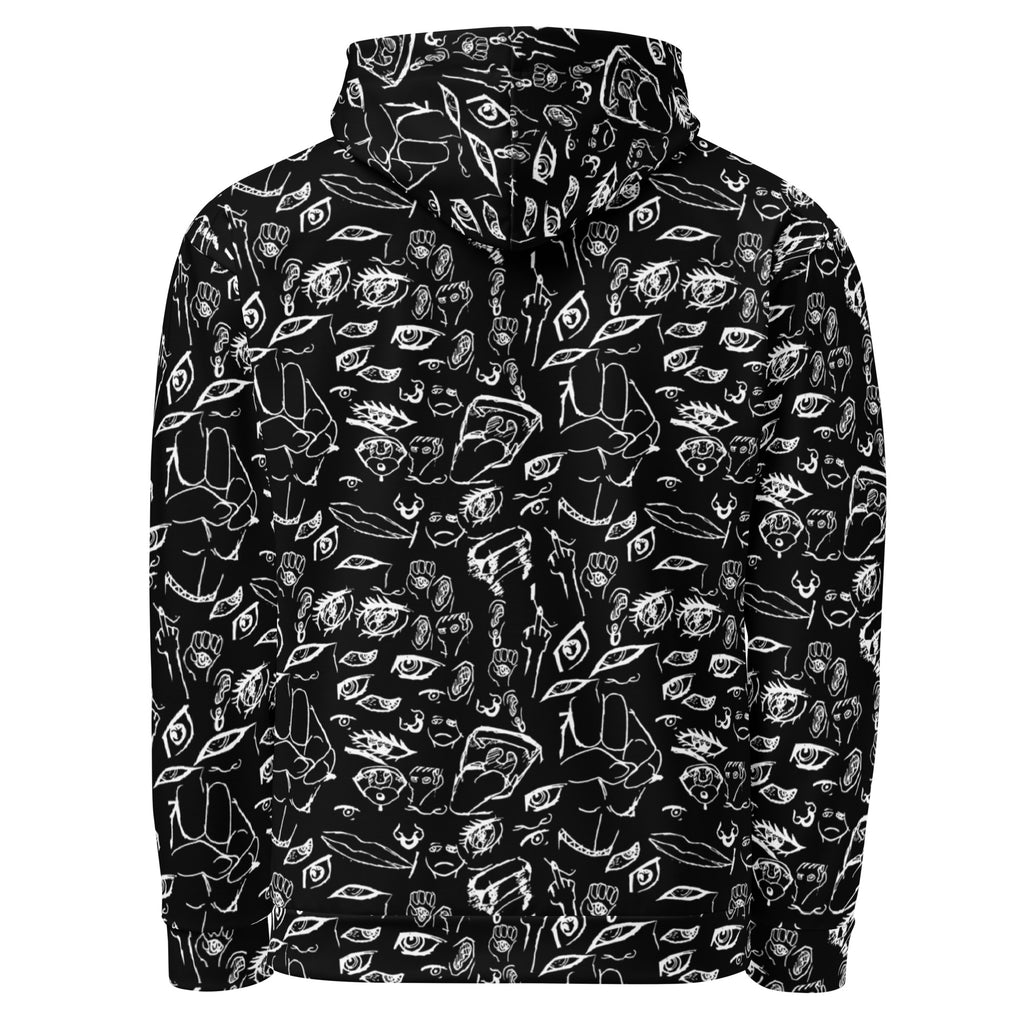 Doodle hoodie in White on Black, flat back view showing the all-over sketchbook doodle print