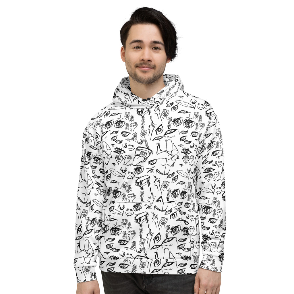 Model wearing the Doodle hoodie in Black on White, front view