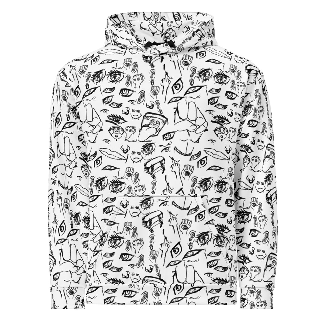 Doodle hoodie in Black on White, flat front view: all-over hand-drawn doodles of eyes, hands and faces in black ink on white