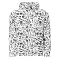 Doodle hoodie in Black on White, flat front view: all-over hand-drawn doodles of eyes, hands and faces in black ink on white
