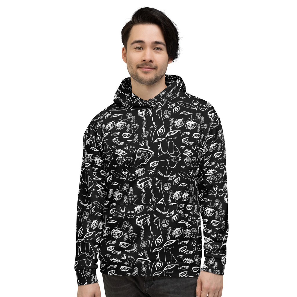 Model wearing the Doodle hoodie in White on Black, front view