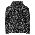 Doodle hoodie in White on Black, flat front view: all-over hand-drawn doodles of eyes, hands and faces in white ink on black