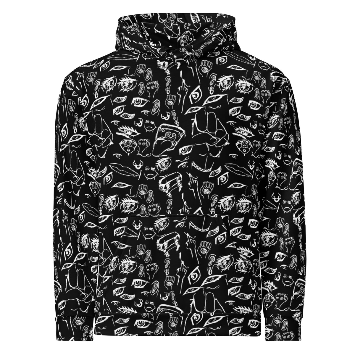 Doodle hoodie in White on Black, flat front view: all-over hand-drawn doodles of eyes, hands and faces in white ink on black