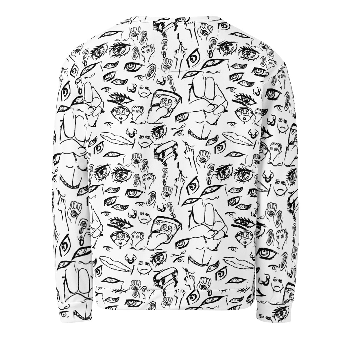 Doodle sweatshirt in Black on White, flat back view showing the all-over sketchbook doodle print