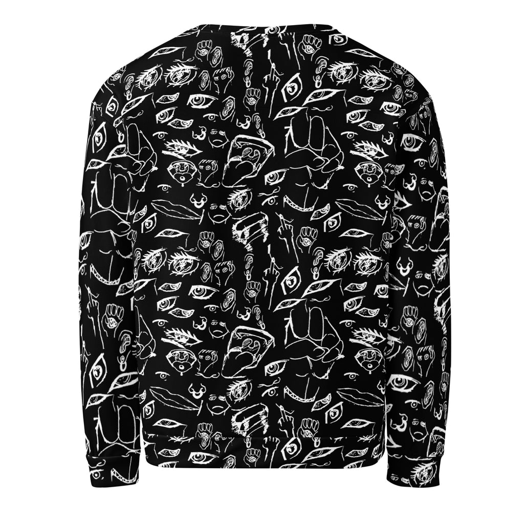Doodle sweatshirt in White on Black, flat back view showing the all-over sketchbook doodle print