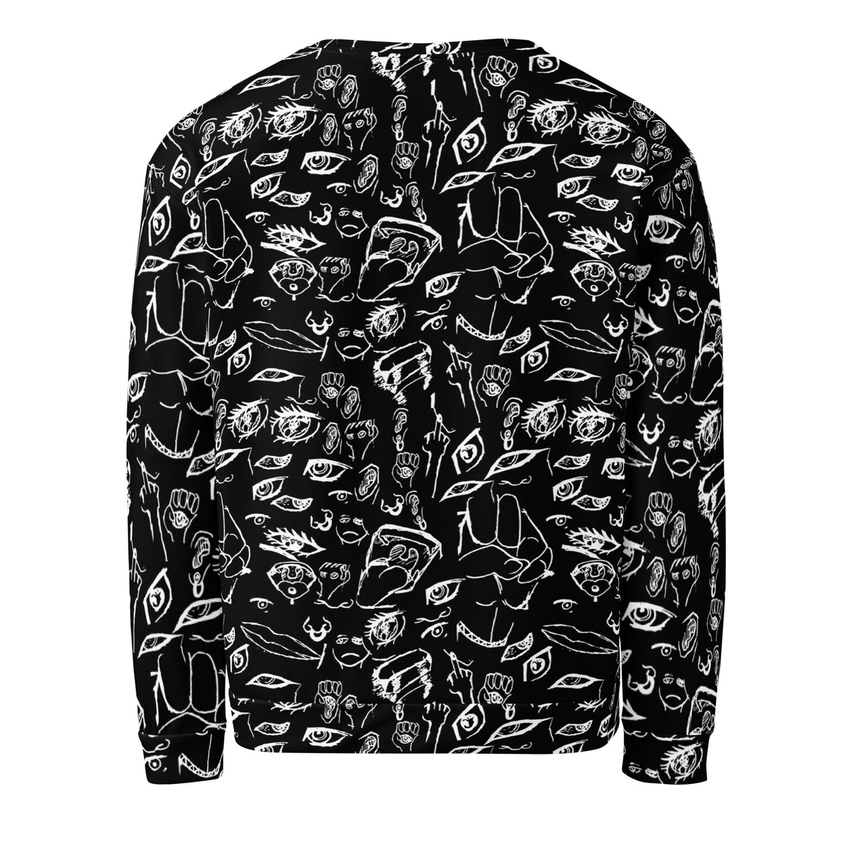 Doodle sweatshirt in White on Black, flat back view showing the all-over sketchbook doodle print