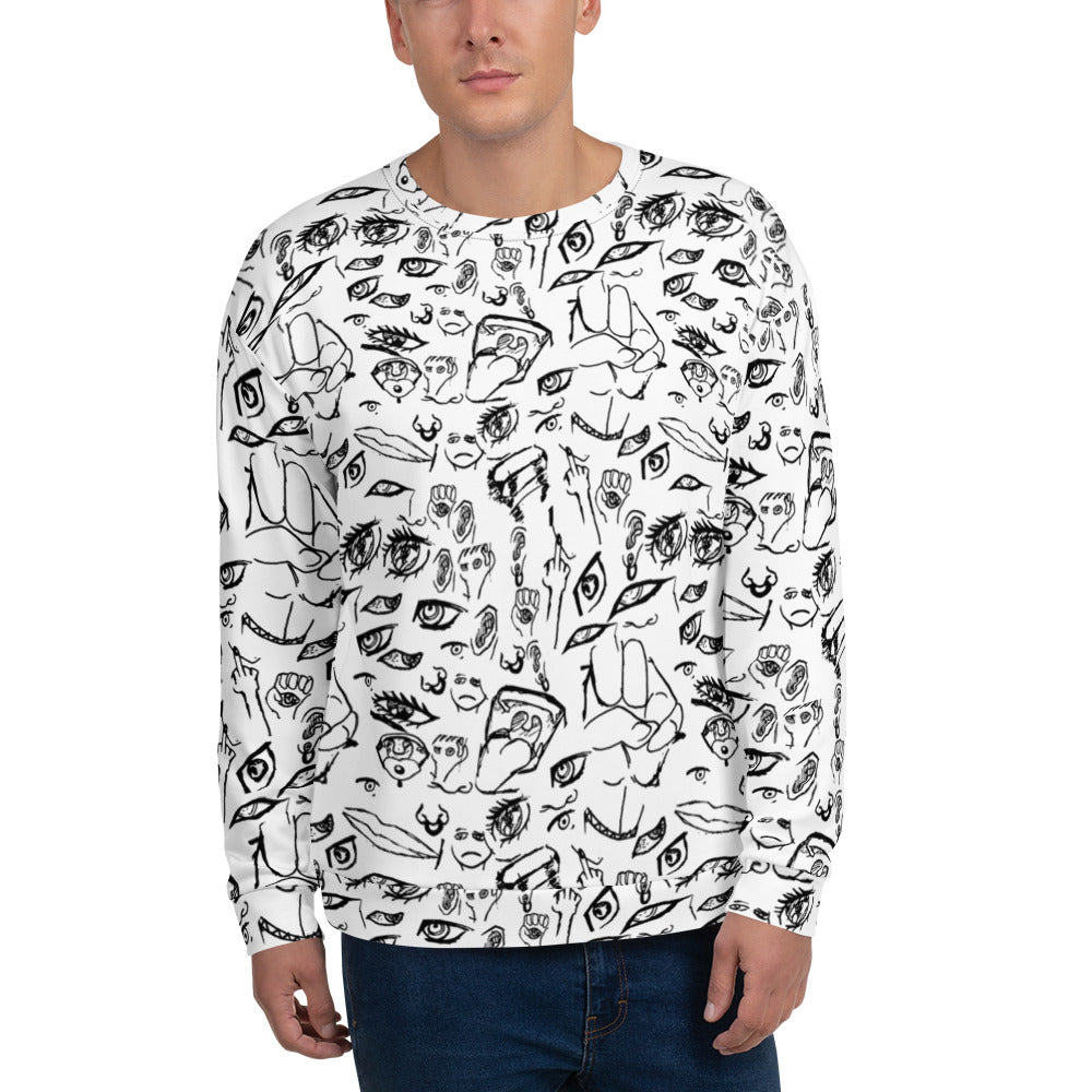 Model wearing the Doodle crewneck sweatshirt in Black on White, front view
