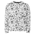 Doodle sweatshirt in Black on White, flat front view: all-over hand-drawn doodles of eyes, hands and faces in black ink on white