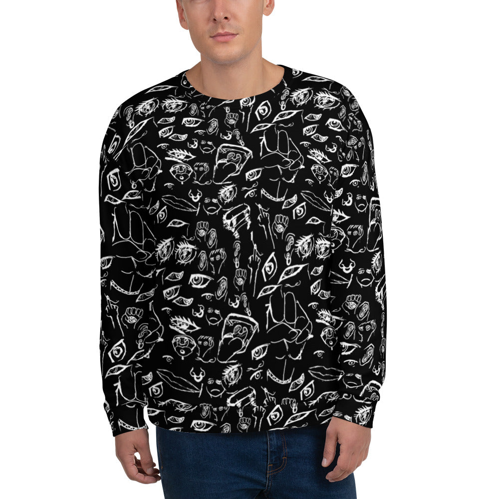 Model wearing the Doodle crewneck sweatshirt in White on Black, front view