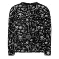Doodle sweatshirt in White on Black, flat front view: all-over hand-drawn doodles of eyes, hands and faces in white ink on black