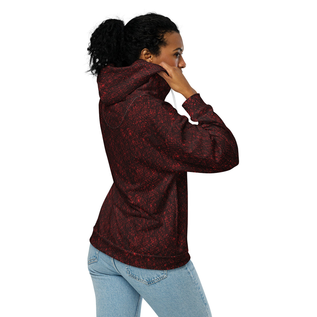 Model wearing the Flame ANGEL Zip Hoodie, back view, red and black crosshatch print