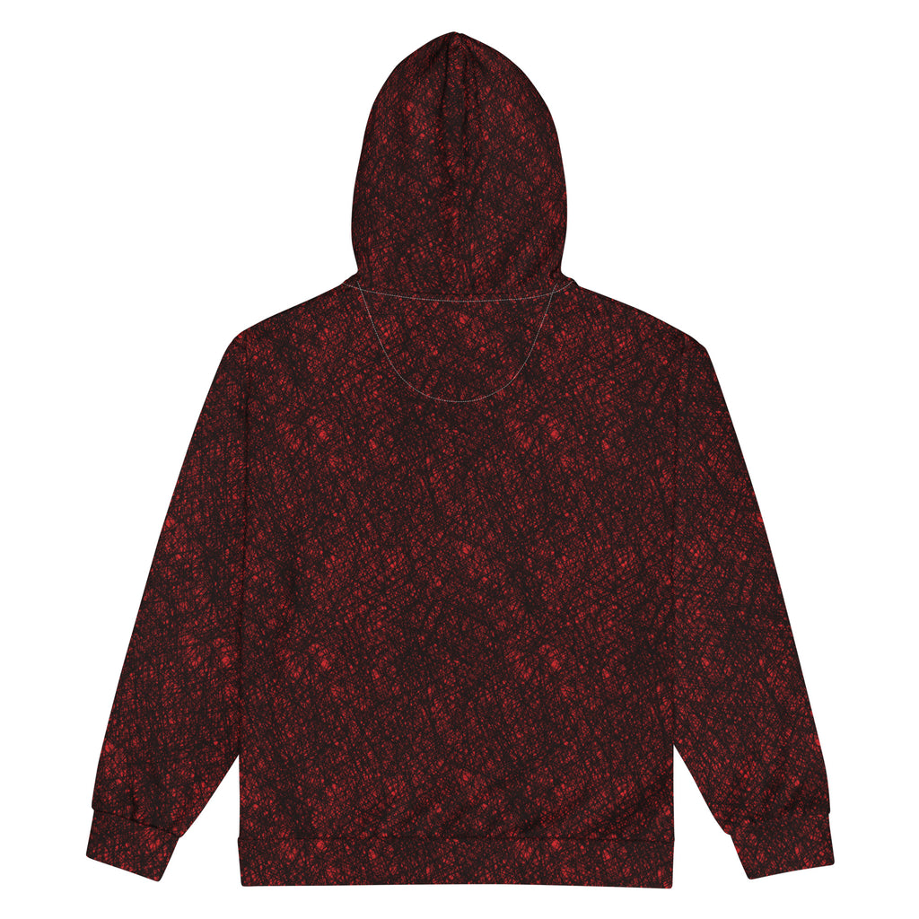 Flame ANGEL Zip Hoodie flat back view: red and black crosshatch print on the back and hood