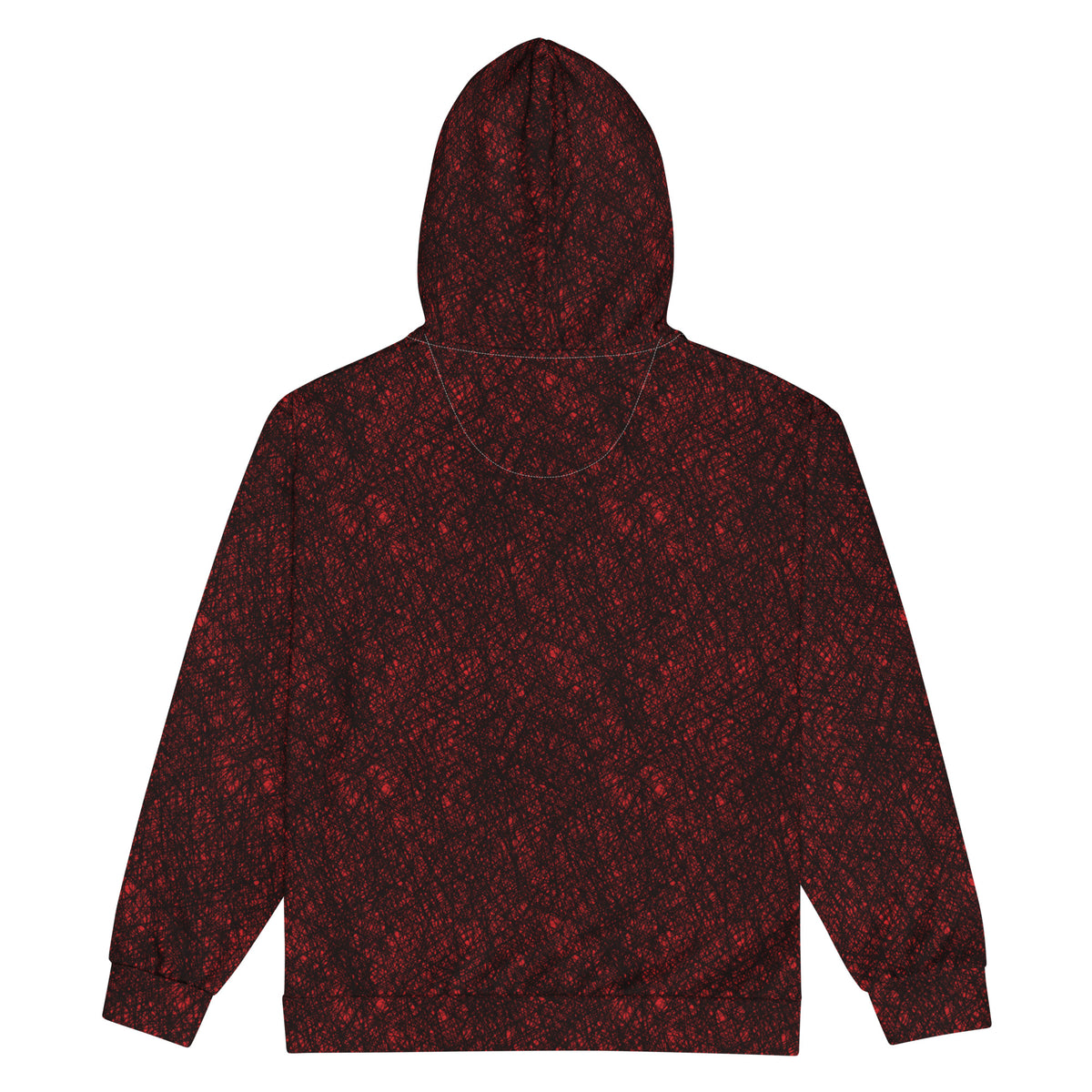 Flame ANGEL Zip Hoodie flat back view: red and black crosshatch print on the back and hood