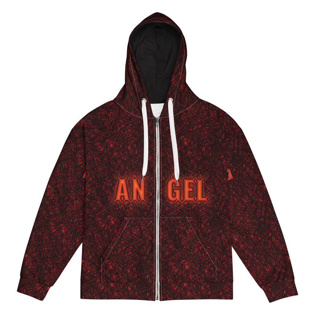 Flame ANGEL Zip Hoodie flat front: red and black crosshatch all-over print, ANGEL in orange flame letters split AN and GEL by the zipper, white drawstrings, black hood lining