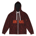 Flame ANGEL Zip Hoodie flat front: red and black crosshatch all-over print, ANGEL in orange flame letters split AN and GEL by the zipper, white drawstrings, black hood lining