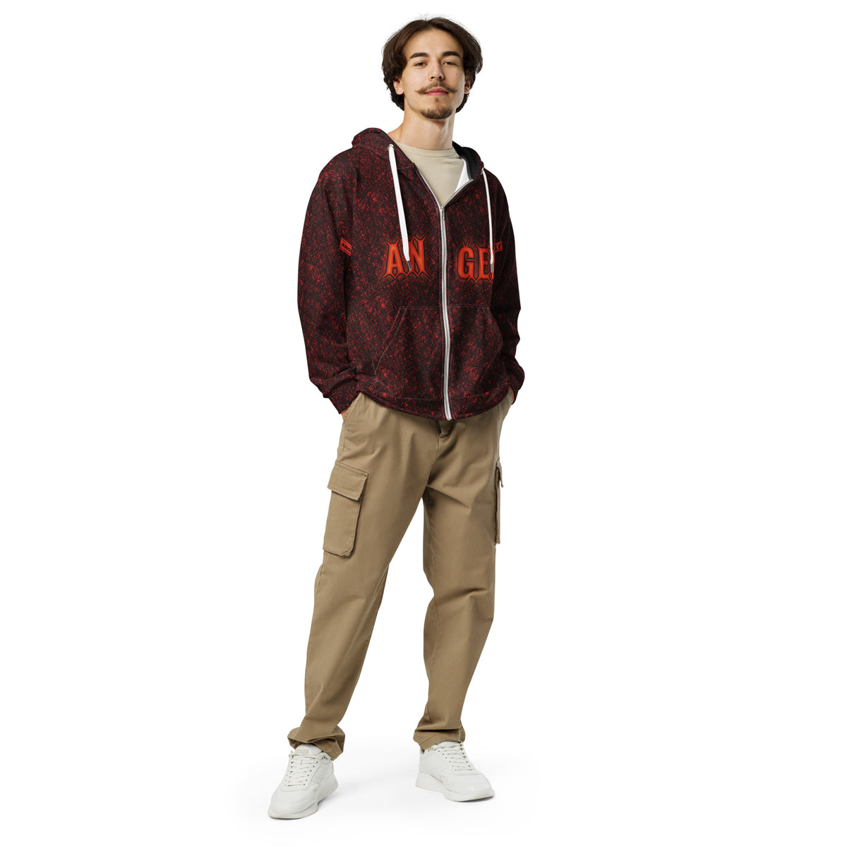 Model wearing the Flame ANGEL Zip Hoodie, front view, with ANGEL in flame letters across the chest