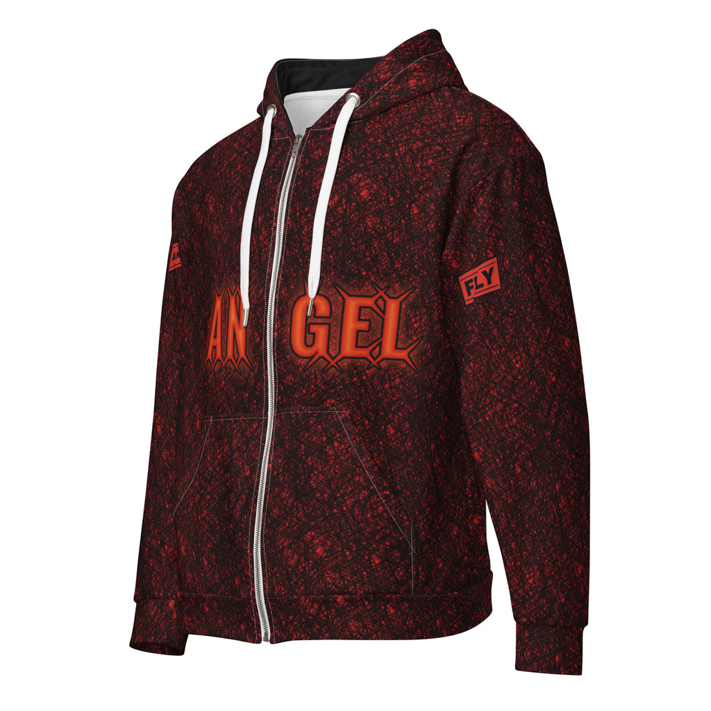 Flame ANGEL Zip Hoodie angled front view showing the FLY patch on the left sleeve