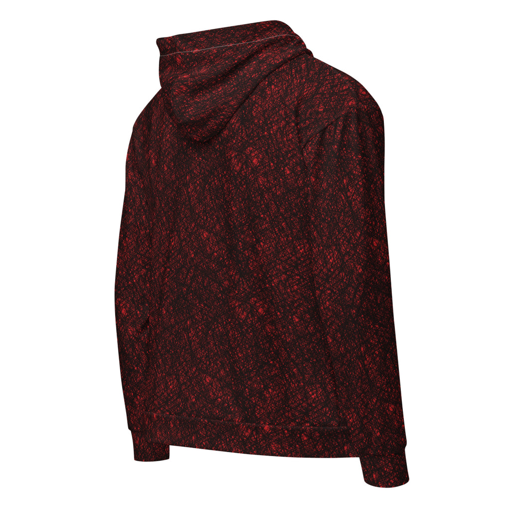 Flame ANGEL Zip Hoodie angled back view showing the hood and red and black crosshatch print