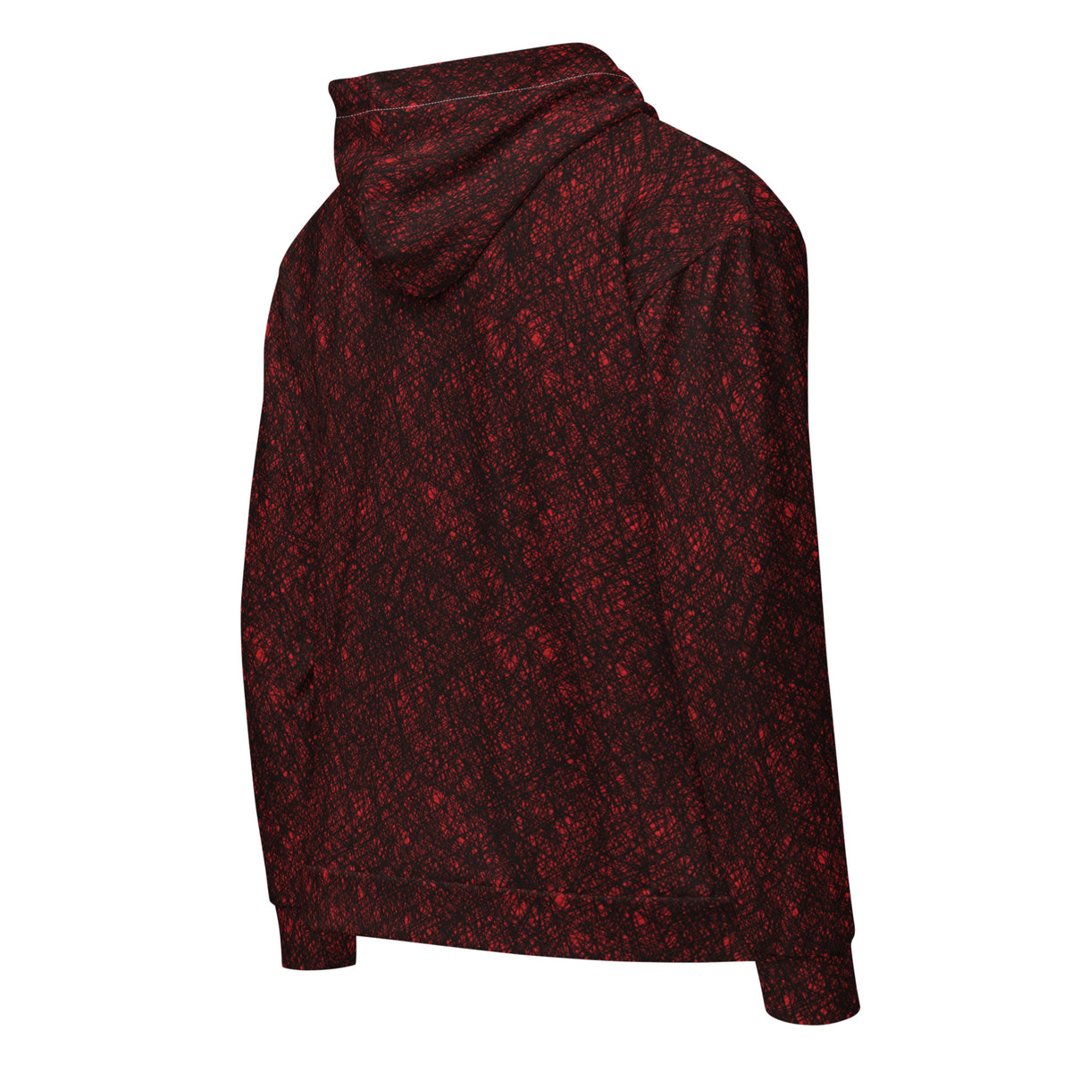 Flame ANGEL Zip Hoodie angled back view showing the hood and red and black crosshatch print