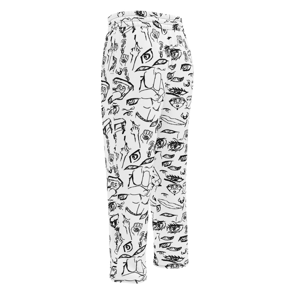 Doodle wide-leg joggers in Black on White, flat back view showing the all-over sketchbook doodle print
