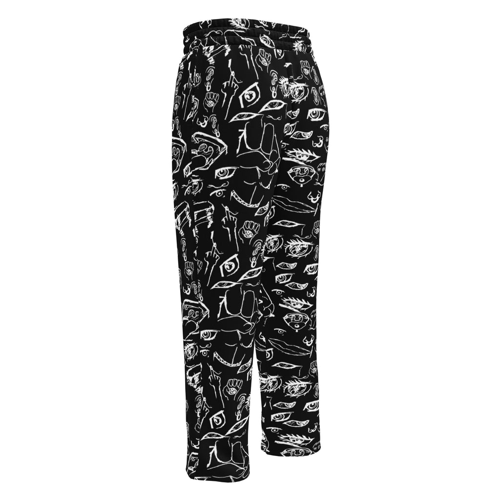Doodle wide-leg joggers in White on Black, flat back view showing the all-over sketchbook doodle print