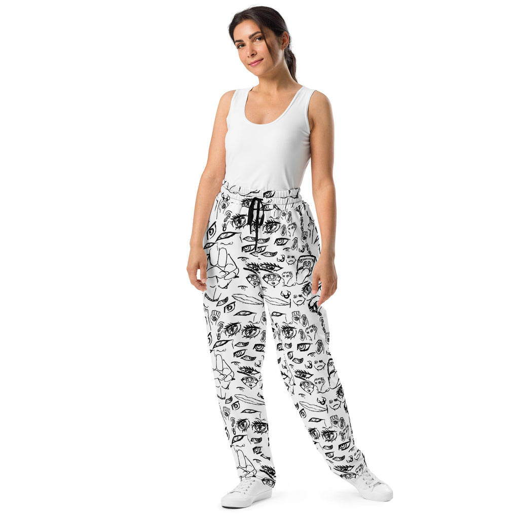 Model wearing the Doodle wide-leg joggers in Black on White, front view