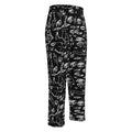 Doodle wide-leg joggers in White on Black, flat front view: all-over hand-drawn doodles of eyes, hands and faces in white ink on black