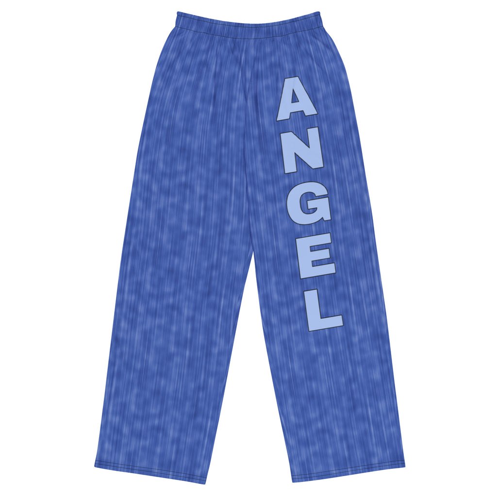 ANGEL Wide-Leg Pants flat front: blue crayon-denim all-over print with ANGEL stacked down the left leg