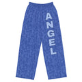 ANGEL Wide-Leg Pants flat front: blue crayon-denim all-over print with ANGEL stacked down the left leg