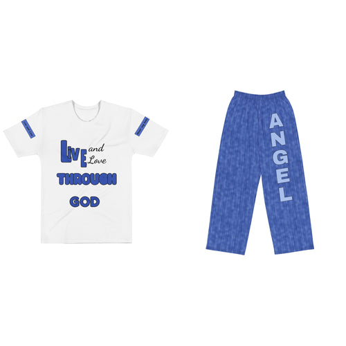 ANGEL Outfit Set: Live and Love THROUGH GOD tee with matching crayon-denim ANGEL wide-leg pants