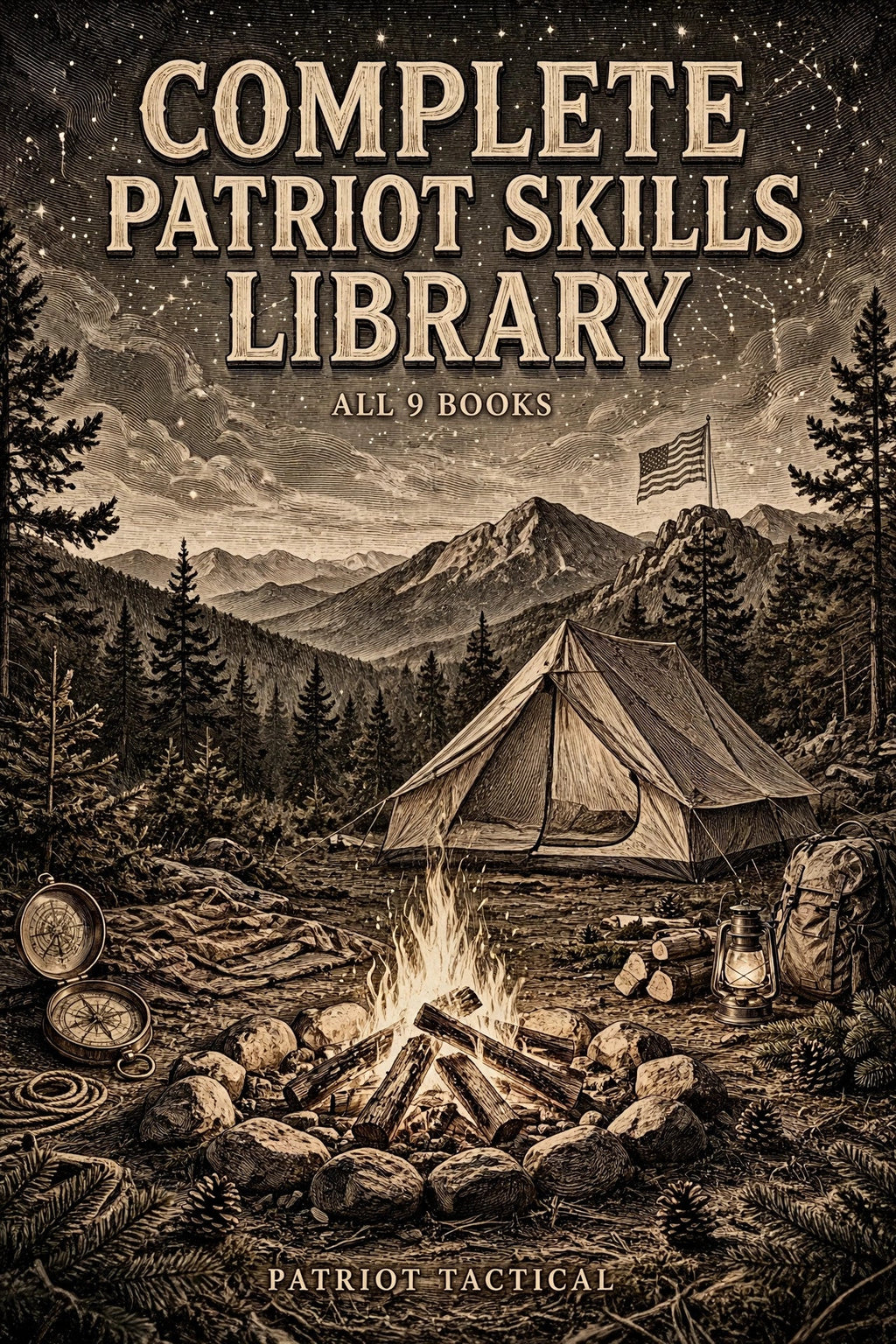 Patriot Skills Library: 9 Ebooks ebook cover by Patriot Tactical, homestead American heritage design – main image