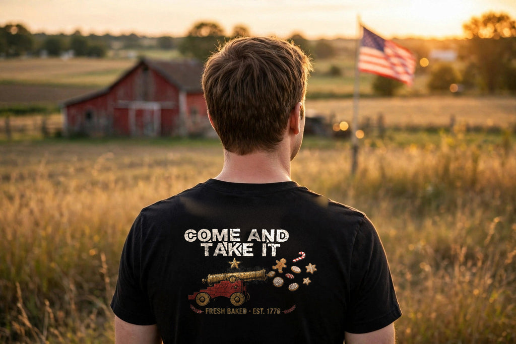 Man seen from behind in the black Come and Take It Cookies Christmas T-Shirt with the cannon and cookies back print, looking over a farm field with a red barn and American flag