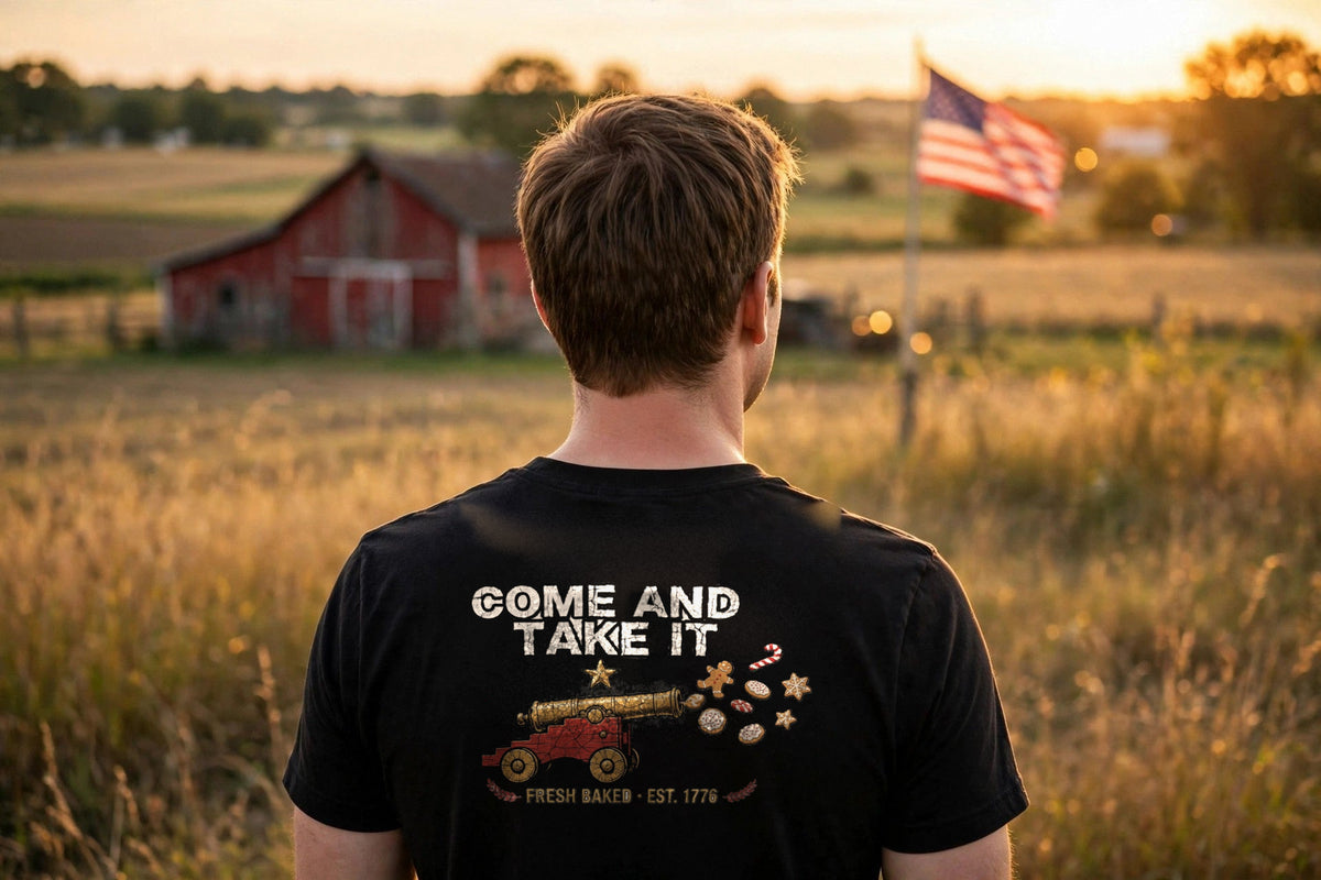 Man seen from behind in the black Come and Take It Cookies Christmas T-Shirt with the cannon and cookies back print, looking over a farm field with a red barn and American flag