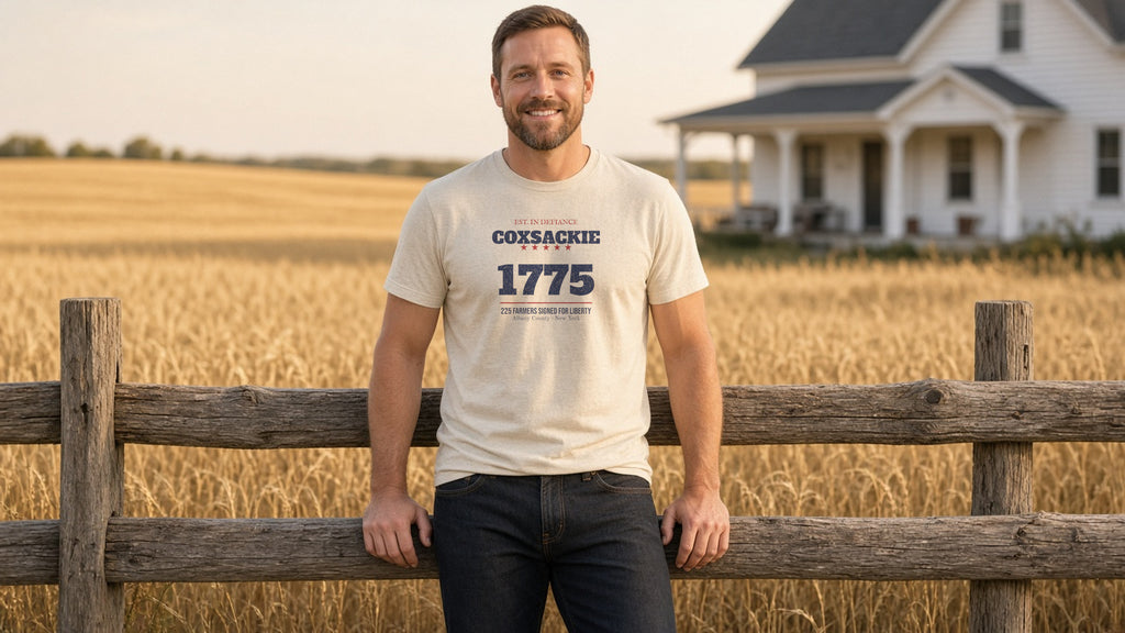 Man in a heather natural Coxsackie 1775 Tee leaning on a split-rail fence in front of a wheat field and white farmhouse at golden hour